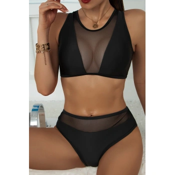 Kadın Siyah Tül Detaylı Yüksek Bel Sütyen Takımı