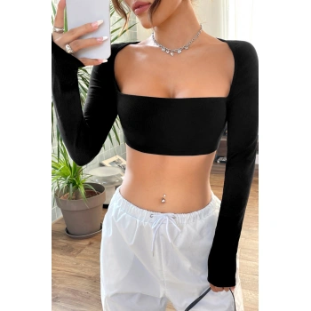 Kadın Siyah Uzun Kol Göğüs Ve Sırt Dekolteli Crop Top Bluz