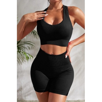 Kadın Siyah Yüksek Bel Çapraz Sırt Detaylı Şortlu Gecelik Takım