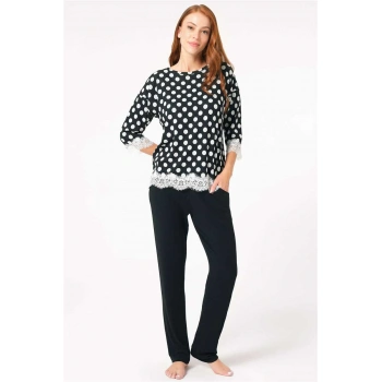 Kadın Viskon Puantiyeli Uzun Kol Dantelli Sweatshirt Ve Pantolon Pijama Takım
