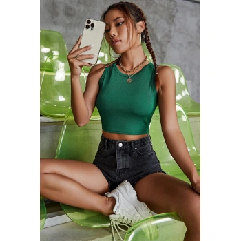 Kadın Yeşil Kare Yaka Crop Top Bluz