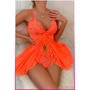 Kadın Zarif Turuncu Tül Gecelik Ve Külot Takım