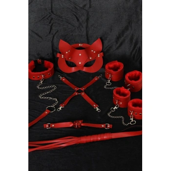 Kırmızı İçi Tüğlü Maske,kol,bacak,ağız Topu,kırbaç,tasma Set 700938