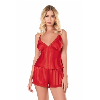 Kırmızı Saten Babydoll Şort Takımı