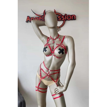 Kırmızı Seksi Elastik Jartiyer Harness Takım