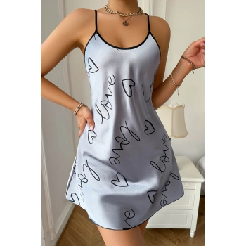 Love Baskılı Gri Saten Gecelik