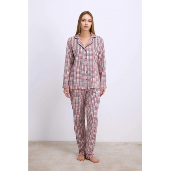 Pamuklu Uzun Kol Düğmeli Gömlek Ve Ekose Pantolon Pijama Takımı