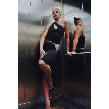 Püsküllü Deri Etek, Şık Deri Etek, Uzun Deri Etek, Siyah Deri Etek - Brf637