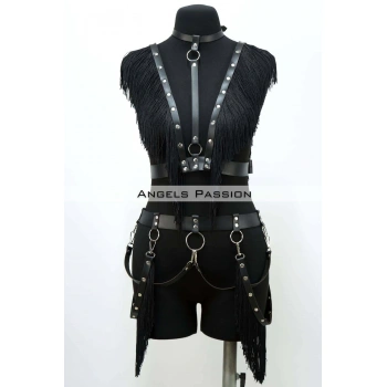Püslüllü Deri Harness Takım, Püsküllü Elbise Aksesuarı - Brf768