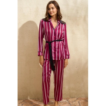 Saten Çizgili Düğmeli Uzun Kol Dantelli Gömlek Ve Pantolon Pijama Takım
