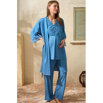 Sıfır Kol V Yaka Kadın Viskon Düz Yazlık Uzun Dantel Detaylı Hamile Pijama Takımı Sabahlık