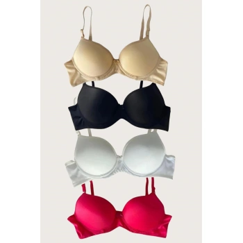 Siyah-beyaz-kırmızı-ten 4lü İçi Boş Micro Balenli Günlük Tek Desteksiz Sütyen