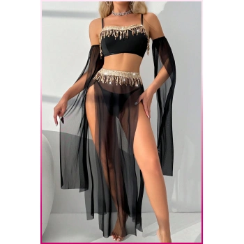 Siyah Pul Aksesuarlı Tül Etekli Kadın Seksi Gecelik
