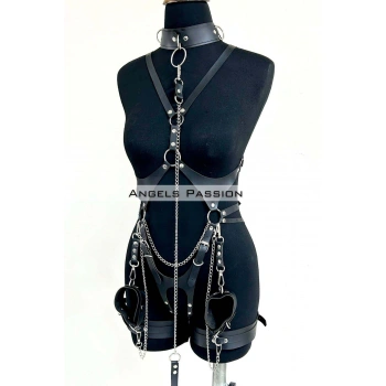 Tasma Ve Zincir Detaylı Şık Deri Harness, Deri Fantezi Giyim- Brf1225