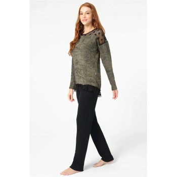 Uzun Kol Bisiklet Yaka Polyester Elastan Düz Kışlık Örme Normal Bel Transparan Tül Detaylı Pijama Takımı