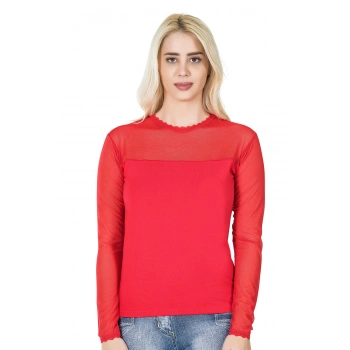 Uzun Kol Transparan Yaka Kadın Tişört 293