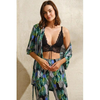 Viskon Yaprak Baskılı Sabahlık Balensiz Desteksiz Dolgusuz Dantelli Bralet Sütyen Ve Pantolon Pijama 3lü Takım