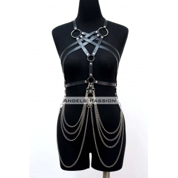 Zincir Detaylı Deri Göğüs Harness, Deri Fantezi Giyim, Elbise Aksesuar - Brf11