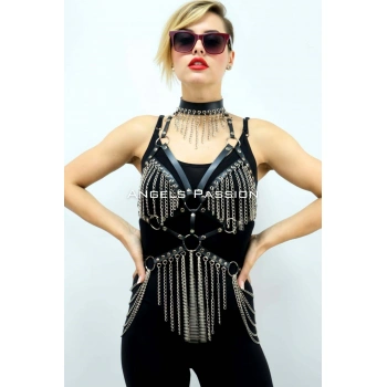 Zincirli Deri Harness, Deri Dansçı Kostüm, Choker Detaylı Deri Harness - Brf1397