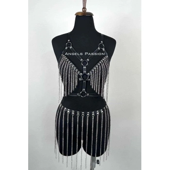 Zincirli Harness Takım, Deri Zincirli Etek Takım - Brf496