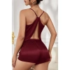 Kadın Bordo Asimetrik Sırt Dekolte Detaylı Şık Şortlu Gecelik Takım
