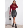 Kadın Bordo Göğüs Dekolteli Uzun Kollu Cut Out Crop Top Bluz