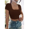 Kadın Kahverengi Yarım Kol Düz Yaka Crop Top Bluz