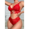 Kadın Kırmızı Kalp Tokalı Çapraz Lastik Detaylı Dantel İç Çamaşır Takımı