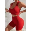 Kadın Kırmızı Yüksek Bel Çapraz Sırt Detaylı Şortlu Gecelik Takım