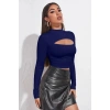 Kadın Lacivert Göğüs Dekolteli Uzun Kollu Cut Out Crop Top Bluz