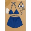 Kadın Mavi Şortlu Belden Ve Boyundan Bağlamalı Bikini Takımı
