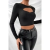 Kadın Siyah Göğüs Dekolteli Çapraz Askılı Uzun Kollu Crop Top Bluz