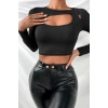 Kadın Siyah Göğüs Dekolteli Çapraz Askılı Uzun Kollu Crop Top Bluz