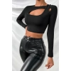 Kadın Siyah Göğüs Dekolteli Çapraz Askılı Uzun Kollu Crop Top Bluz