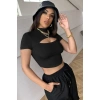 Kadın Siyah Göğüs Dekolteli Yarım Kollu Cut Out Crop Top Bluz