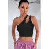 Kadın Siyah Tek Omuz Cut Out Detaylı Crop Top Bluz