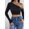 Kadın Siyah Tek Omuz Detaylı Uzun Kol Crop Top Bluz