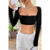 Kadın Siyah Uzun Kol Göğüs Ve Sırt Dekolteli Crop Top Bluz