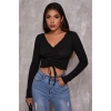 Kadın Siyah Uzun Kollu Büzdürme Bağcık Detaylı Crop Top Bluz