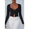 Kadın Siyah Uzun Kollu Düğmeli Göğüs Ve Göbek Dekolteli Crop Top Bluz