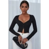 Kadın Siyah Uzun Kollu Düğmeli Göğüs Ve Göbek Dekolteli Crop Top Bluz