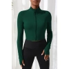 Kadın Yeşil Uzun Kol Fermuarlı Parmak Geçme Detaylı Dik Yaka Crop Top Bluz