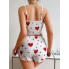 Pamuklu Beyaz Üstüne Kırmızı Kalp Desenli Askılı Şortlu Pijama Takımı