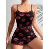 Pamuklu Kiss Öpücük Desen Siyah Fitilli Şortlu Pijama Takımı