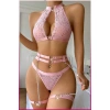 Pembe Dantelli Kalp Detaylı Zincirli Seksi İç Giyim Seti