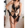 Siyah Dantel Jartiyer Fantezi İç Giyim Takımı Eldivenli, Seksi 3lü Set, Kadın Seksi İç Çamaşırı