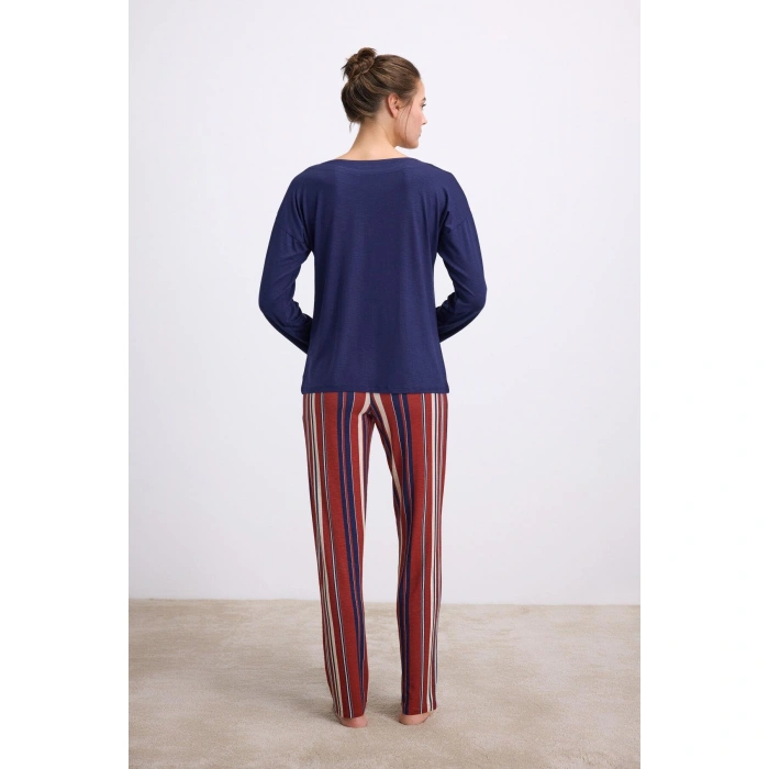 %100 Modal Lacivert Uzun Kollu T-shirt Ve Çizgili Pantolon Takımı