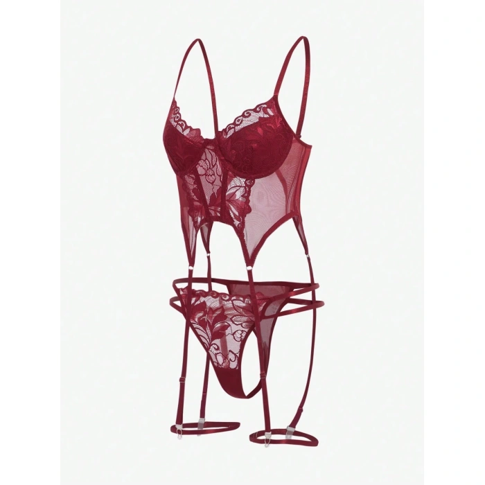 Bordo Babydoll İç Giyim Seti Bustiyer  ,külot , Bacak Bantları