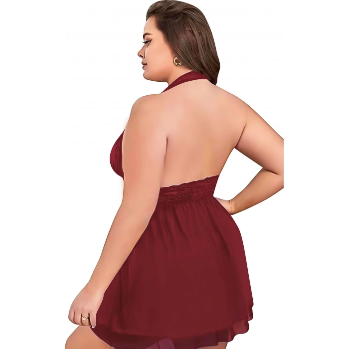 Büyük Beden Bordo Dantel İşlemeli Boyundan Bağlamalı Fantezi Tül Gecelik