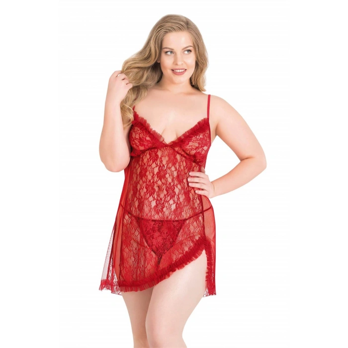 Büyük Beden Kırmızı Kısa Tül Gecelik